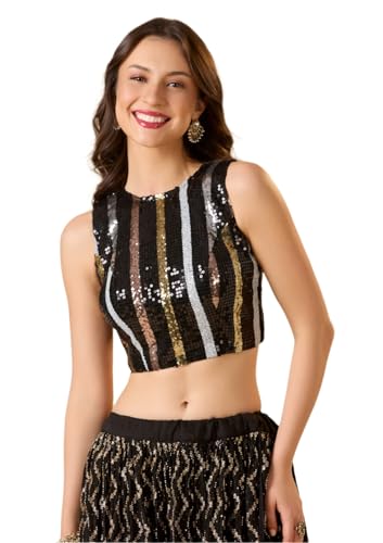 SALWAR STUDIO Black Net Boat Neck Sleeveless Readymade Blouse with Embellishment