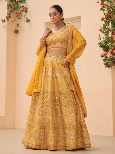 Woman's Elegant printed mustard yellow lehenga choli