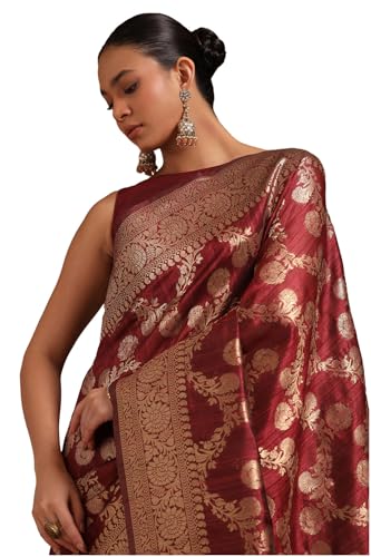 Soch Womens Maroon Tussar Floral Print Saree With Zari Woven