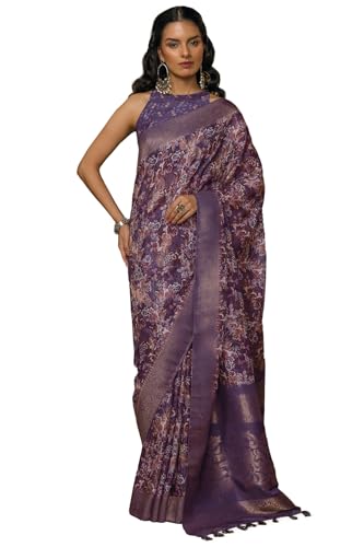 Soch Womens Purple Chanderi Floral Print Saree