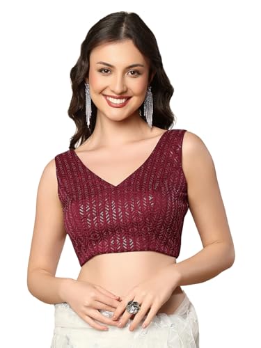 S SALWAR STUDIO Wine Georgette V-Neck Readymade Sleeveless Saree Blouse