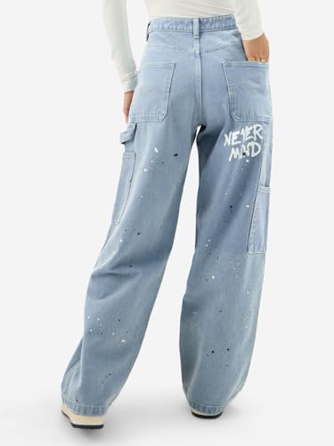 The Souled Store Denim: Graffiti Women and Girls Buttoned Blue Printed Cotton Blend Baggy Fit Jeans