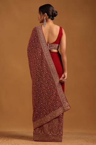 Soch Womens Maroon Georgette Botanical Saree With Stone Work