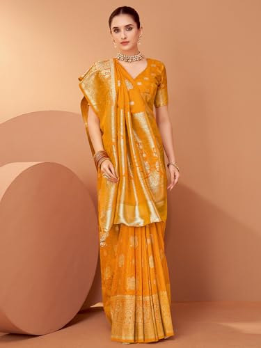 AKHILAM Women's Mustard Satin Silk Woven Design Saree With Unstitched Blouse Piece (RNGREET203_HS)