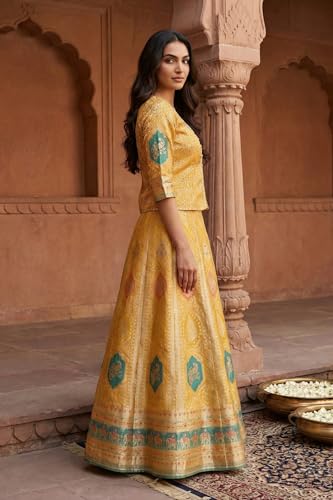 Aurelia Women's Mustard Ethnic Motifs Zari Jacquard Straight Top with Skirt and Dupatta Set - (AD10748-706117-M)