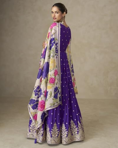 Shampysky Women’s Purple Chinon Embroidered A-Line Gown with Organza Dupatta | Fully Stitched | Full Sleeves (SSW-1306-Purple-M)