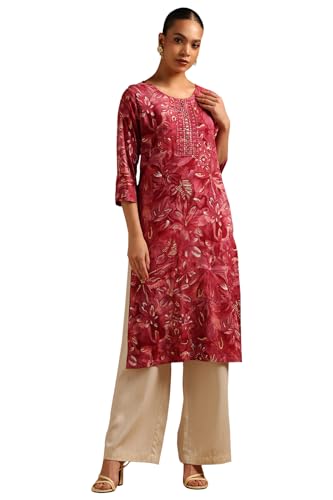 Soch Womens Onion Pink Rayon Floral Print Kurta with Mirror Work