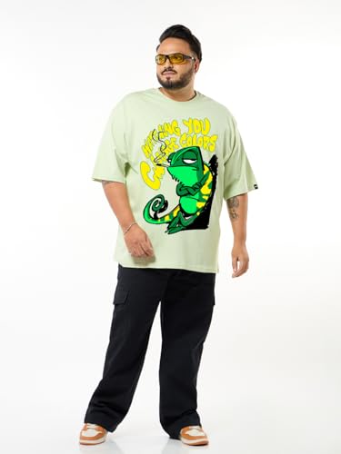 Bewakoof Men's Graphic Print Oversized Fit Half Sleeve Round Neck Cotton Plus Size T-Shirt_694232_Green_5XL