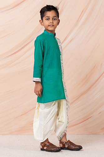 PEKABU Kids Ethnic Wear – Stylish Half Printed & Vibrant Color Pure Cotton Kurta with Elastic Waist Dhoti Set for Boys (Green, 12-18 Months)