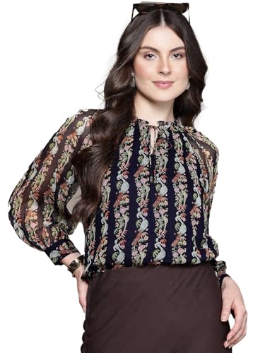 Label RITU KUMAR Round Neck Full Sleeves Printed Top with Inner Navy
