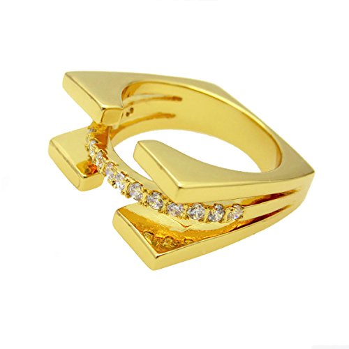 RUVEE Dual Square Band Golden Ripple Crystal American Diamond 22K Gold Plated Alloy Ring for Women & Girls