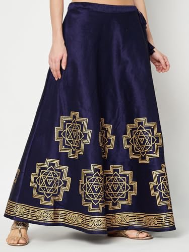 studio rasa Women's Dupion Hand Block Printed Bias Skirt for Wedding Festive Party (SKTC52408_Navy_Small)