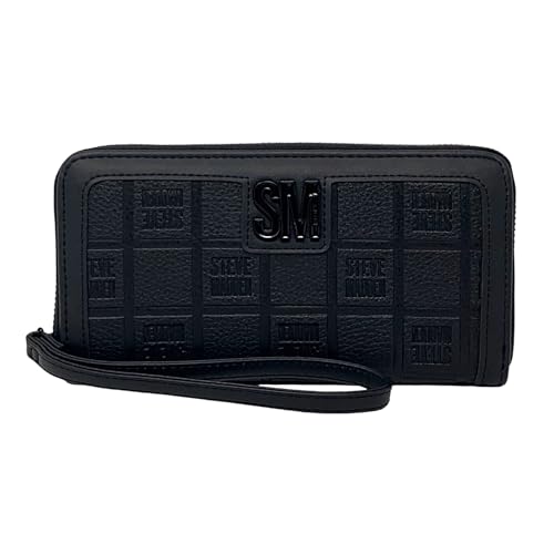 Steve Madden LARGE ZIP AROUND Wristlet Wallet (BLACK CHECKER LOGO), One Size, Zip Around Wristlet Wallet