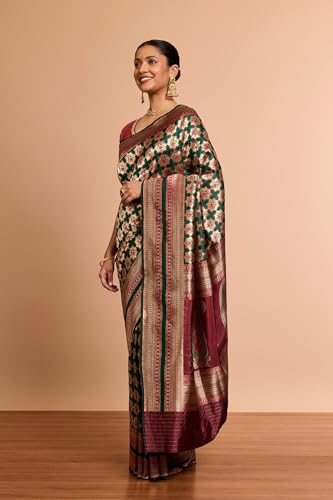 Taneira Women Darkgreen Pure Silk Brocade Banaras Saree With Unstitched Blouse Piece (SAIH04AC5696-Dark Green)