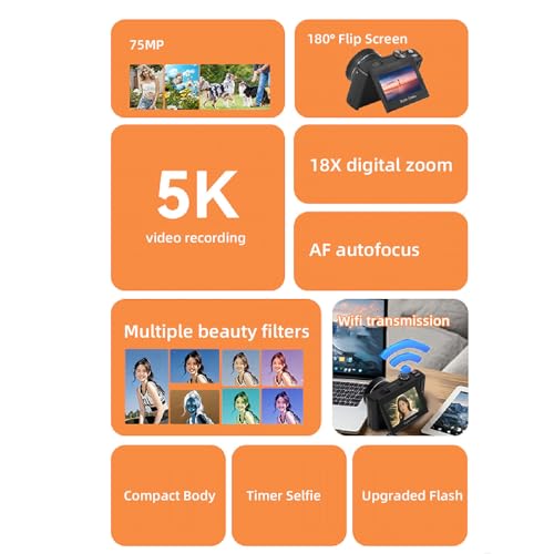 YUEHISY Digital Camera, 5K 75MP WiFi Selfie Travel Camera with 3" 180 Flip Screen, 18X Zoom, Macro Wide Angle Lens, 32GB Memory Card, for Photography (Black)