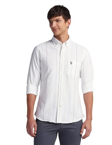 U.S. POLO ASSN. Mens White Striped Collared Neck Long Sleeve Men's Casual Shirts (USSHTFX0528_White_48)