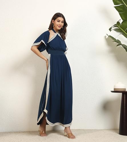 DEEBACO Women's Solid Rayon Slit Ankle Length A-Line Dress|Sleeveless|Halter Neck|Casual Trending Fashion Long One Piece Dresses Women Western(DBDR00002287_M_Teal Blue)