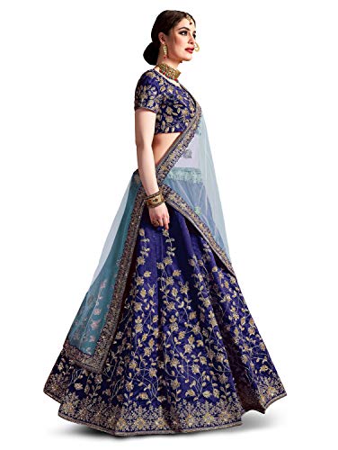 Zeel Clothing Women's Raw Silk Semi-Stitched Lehenga Choli for Women (Wedding-Bridal-Lehenga-7011-Blue-New, Navy Blue_Free Size)