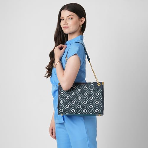 Caprese Florida Medium Tote Bag for Women | Stylish Handheld Bag with Zipper Closure & Multiple Compartments | Ideal for 16 inch Laptop Bag | Perfect for Office, Travel & Daily Use (Navy)