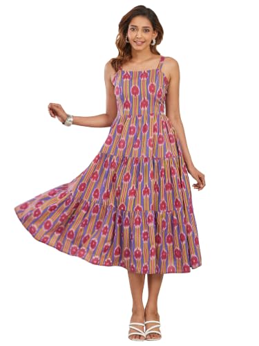 BIBA Dyed Cotton A Line Casual Dress Blue