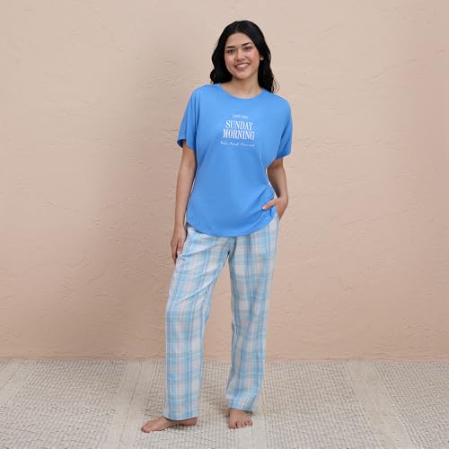 NYKD Buttery Soft Modal Cotton Graphic Tee for Women with Extended Sleeves – Comfortable Relaxed Fit, Stylish Design, Model NYS931 Blue