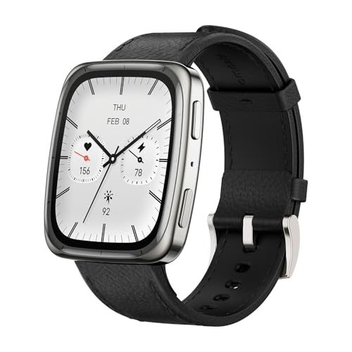 Amazfit Active 2 Square Smartchoice, 2000 Nits Bright AMOLED Display, Built in GPS, 10Day Battery, Android & iPhone, Accurate Readings, BT Call, Sleep Monitor, 5ATM Water Resistant, Black Leather