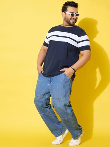 Bigbanana Men Plus Size Colorblock Navy Round Neck Tshirt (Bridge,Navy,5XL)
