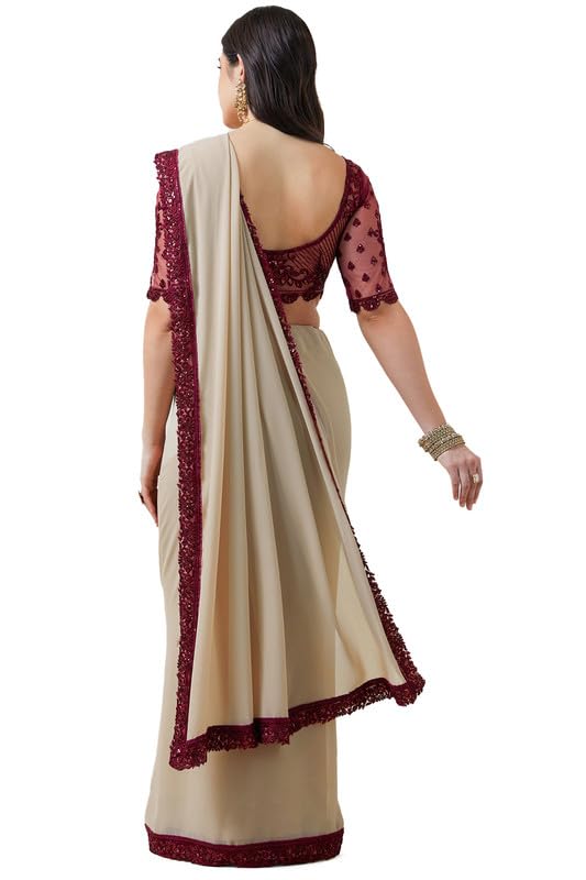 Soch Womens Beige Sequin Lace Border Georgette Saree