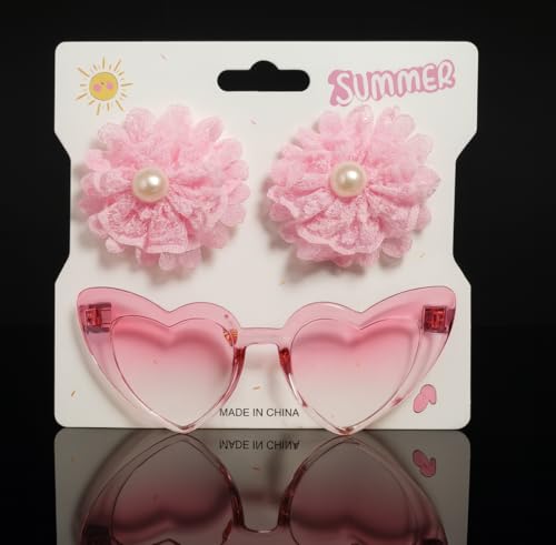 Tresneria Kids Sunglasses and Hair Accessory Combo set of 2 – Heart Design Pink Gradient Glasses with Matching Flower Clips