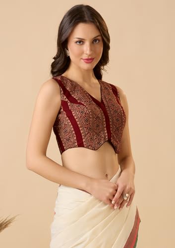 S SALWAR STUDIO Waistcoat Pattern Ajrakh Sleeveless Readymade Blouse Maroon