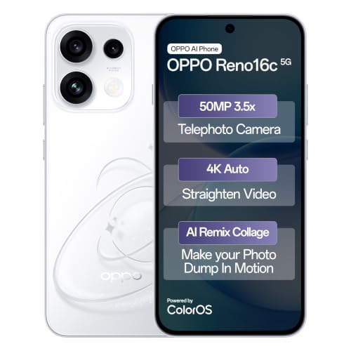 Oppo Reno16c 5G (Starry White, 12GB, 256GB) | 3D Design | 50MP 3.5X Telephoto Camera | 4K Video | AI Remix Collage | 7000mAh 80W SUPERVOOC | ColorOS 16 | IP69K | Dimensity 7300