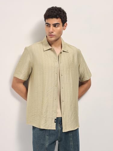 THE BEAR HOUSE Men's Textured Regular Fit Casual Shirt Beige