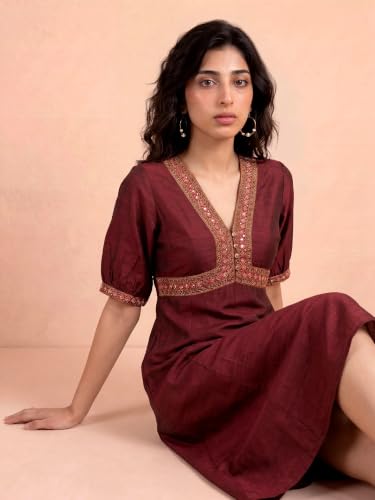 Aarke Ritu Kumar Wine Plum Tree Midi Dress with Belt