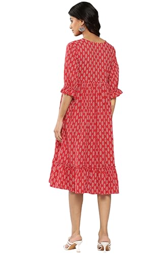 Janasya Women's Red Cotton Ethnic Motifs Printed Flared Dress(JNE4200-DR-XL)