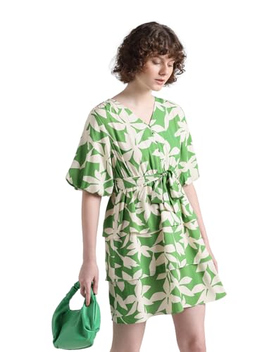 ONLY Women Printed Polyester Short Length Fit & Flare Green Tiered Dress