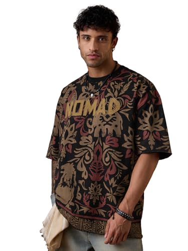 The Souled Store Nomad: Relic Men and Boys Short Sleeves Round Neck Black Printed and Embellished Comfortable Casual Streetwear Trendy Cotton Super Oversized T-Shirt