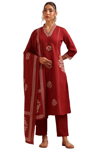 Soch Womens Maroon Cotton Digital Printed Botanical Appliqué Salwar Suit