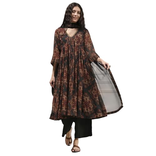 Biba Women Charcoal Black Polyester Gathered Printed Suit Set_46