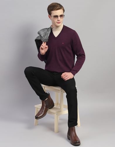 Monte Carlo Mens Purple Solid V Neck Full Sleeve Wool Casual Sweater (1230507VN-2439-46)