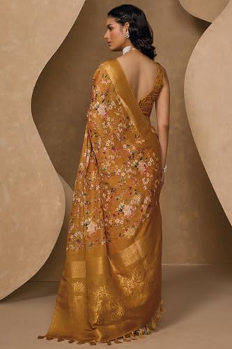 Soch Womens Mustard Chanderi Floral Print Saree