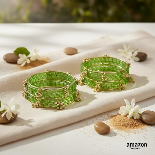 KAYASHA Totai Kashmiri Ghungroo Glass Bangle Set for Women | Light Weight Bangles | Traditional Transparent Fancy Glass Chudi Set for Wedding, Party|Set Of 16(12 Glass + 4 ghungroo bangles)