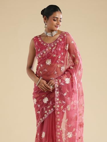 AKHILAM Women's Pink Poly Chiffon Embroidered Embroidered Saree With Unstitched Blouse Piece (ANIKA4204_AG)