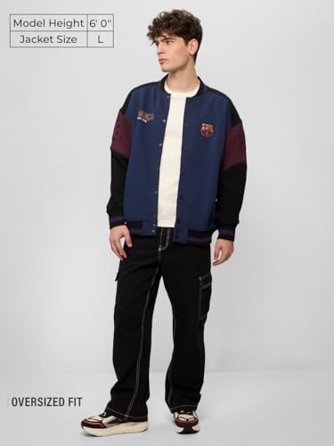 The Souled Store FC Barcelona: Barca Men and Boys Long Sleeves Band Collared Button Front Blue and Maroon Printed Oversized Varsity Jackets