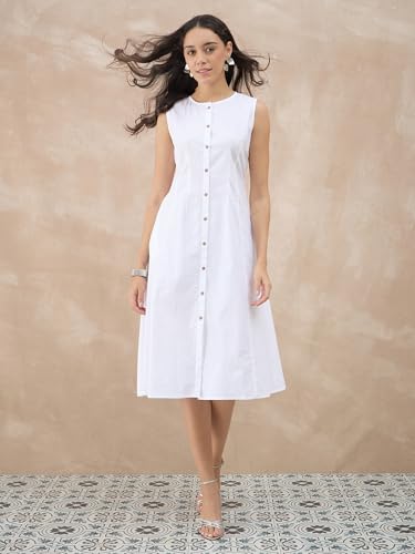 GulaboSitabo Women’s Halter Neck Pure Cotton Sleeveless Knee Length Dress for Women with Button Closure & Belt | Organic Cotton Ready to Wear Casual Party Outfit White