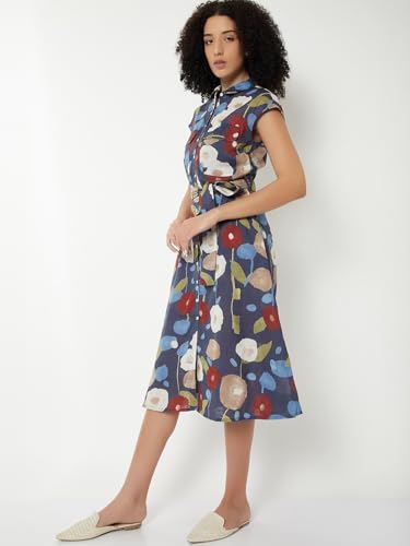 Max Women Printed Midi Dress(Blue_S)