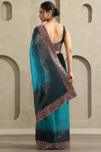 Soch Womens Turquoise Blue Fendy Organza Ombre Stone Embellished Saree