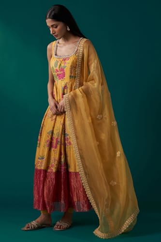 Wishful Women's Yellow Floral Print Embroidered Anarkali Tissue Kurta with Churidar and Dupatta Set (SP12870-126448-S)