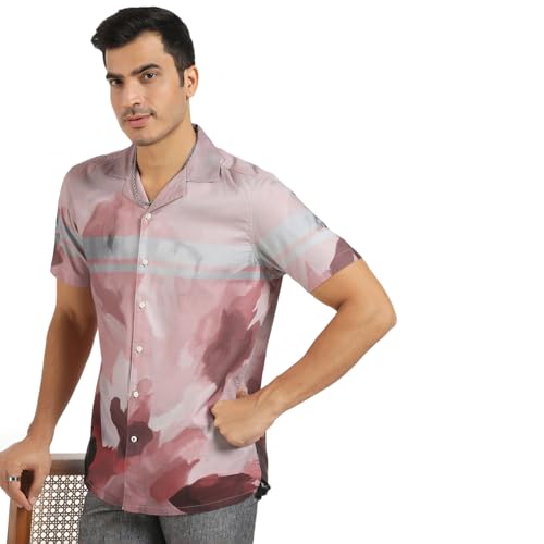 blackberrys Men?s Linen Casual Ochre Printed Smart Fit Shirt | Printed Linen Shirt with Collared Neck & Long Sleeves | Casual Styling | Size 38, Color Red