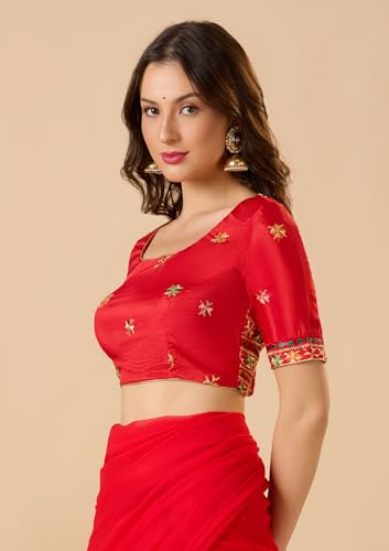 S SALWAR STUDIO Red Chinon Silk Round Neck Phulkari Readymade Blouse