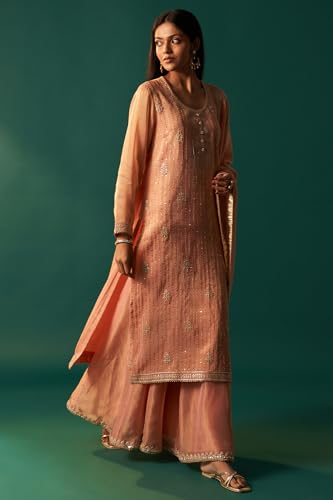 Wishful Women's Pink Dori Embroidered Straight Tissue Organza Kurta with Culotte and Dupatta Set (SP12857-401185-S)